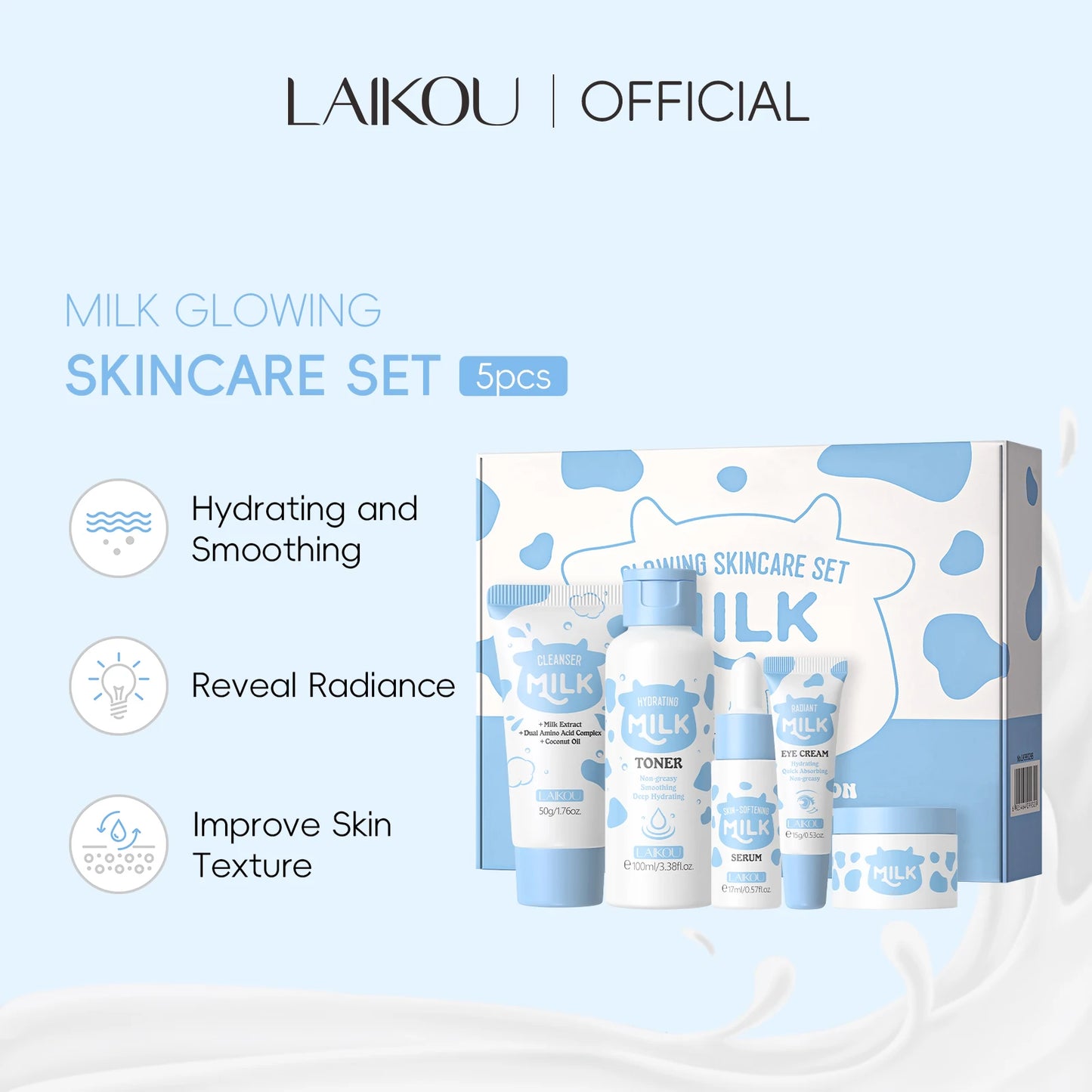 LAIKOU Milk Glowing Skincare Set Hydrating Brightening Anti-Age Firming Facial Care Cleanser Toner Serum Eye Cream Moisturizer